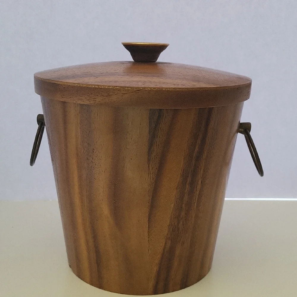 Vintage MCM KMC Teak Wood Ice Bucket W/ Brass Handles & Aluminum Lined